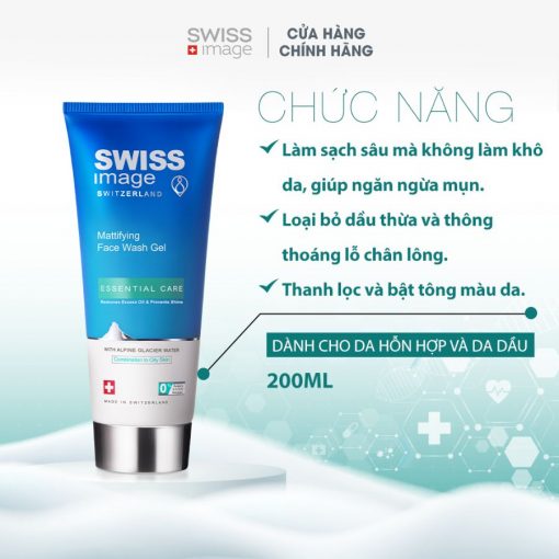 Gel Rửa Mặt Làm Sạch Ngừa Mụn Không Khô Rít Dành Cho Da Hỗn Hợp Và Da Dầu Swiss Image Mattifying Face Wash Gel 200ml