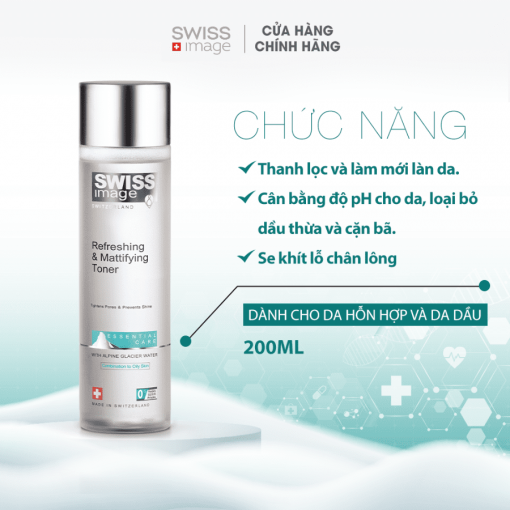 Nước Hoa Hồng Làm Sạch Ngăn Ngừa Mụn Dành Cho Da Hỗn Hợp Và Da Dầu Swiss Image Refreshing & Mattifying Toner 200ml