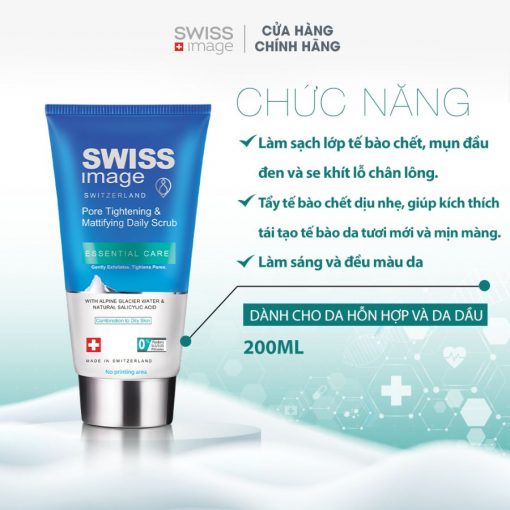 Tẩy Tế Bào Chết Loại Bỏ Mụn Đầu Đen Dành Cho Da Hỗn Hợp Và Da Dầu Swiss Image Pore Tightening & Mattifying Daily Scrub 150ml